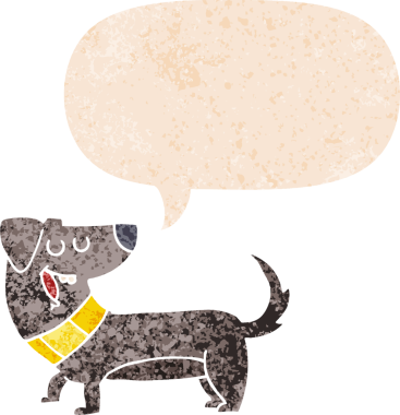 Bir insan tarafından çizilmiş grunge dertli retro tarzı konuşma baloncuğu ile çizgi film köpeği