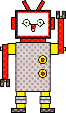 Bir insan tarafından çizilmiş mutlu bir robotun çizgi romanı.