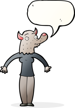 Bir insan tarafından çizilmiş konuşma balonlu kurtadam kadın.