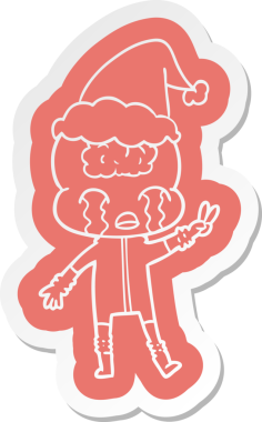 Büyük beyinli bir uzaylının ağlayan ve Noel Baba şapkası takarak barış işareti veren garip bir çizgi film çıkartması.