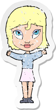 Bir insan tarafından çizilmiş, kolları açık, karikatür bir kadının gerilmiş çıkartması.