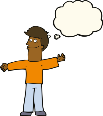 Bir insan tarafından çizilmiş düşünce balonlu mutlu adam çizgi filmi.