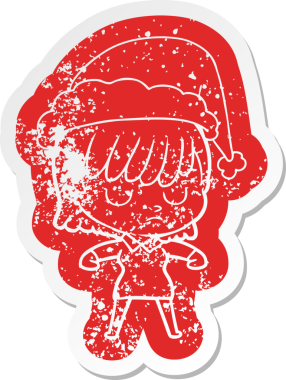 Bir insan tarafından çizilmiş Noel Baba şapkası giyen bir kadının garip bir karikatürü.