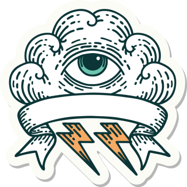 Bir insan tarafından çizilmiş her şeyi gören bir göz bulutu dövmesi stili çıkartması