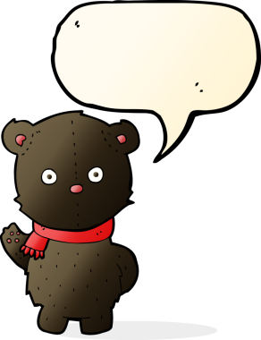 Bir insan tarafından çizilmiş konuşma balonlu siyah ayı yavrusunu sallayan çizgi film.