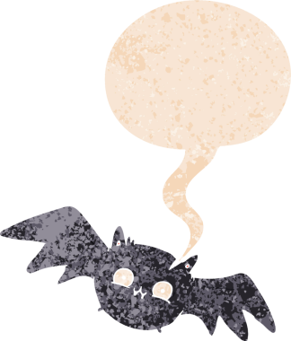 Cadılar Bayramı yarasası çizgi filmi. Grunge 'da konuşma baloncuğu var. Bir insan tarafından çizilmiş desenli.