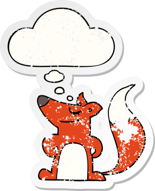 Düşünce baloncuğu olan çizgi film tilkisi insan tarafından çizilmiş yıpranmış bir çıkartma.