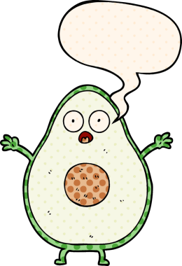 Bir insan tarafından çizilmiş çizgi roman tarzında konuşma baloncuklu avokado.