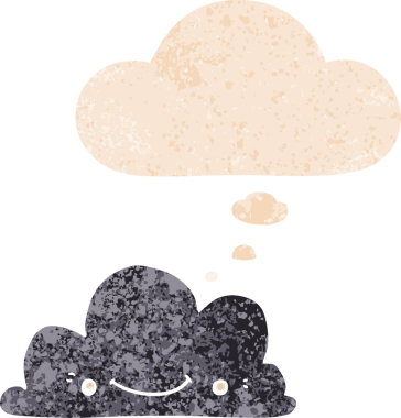 Düşünce baloncuğu ve grunge ile sevimli çizgi film bulutu bir insan tarafından çizilmiş sıkıntılı retro dokuma tarzı