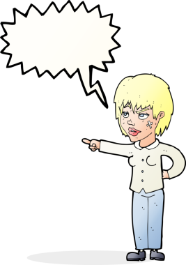 Bir insan tarafından çizilmiş bir konuşma balonuyla işaret eden çizgi film kadını.