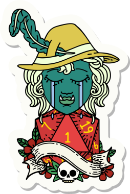 Ağlayan bir ork ozan karakterinin çıkartması. Bir insan tarafından çizilmiş doğal bir D20 rulosu.