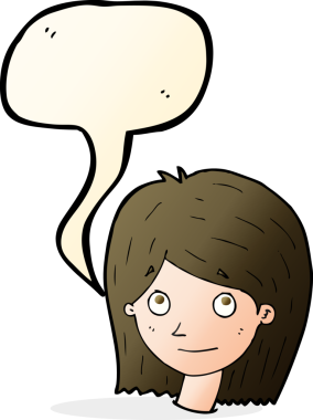 Bir insan tarafından çizilmiş konuşma balonlu mutlu kadın yüzü.