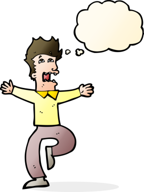 Bir insan tarafından çizilmiş düşünce baloncuğuyla dehşete düşmüş bir adam.