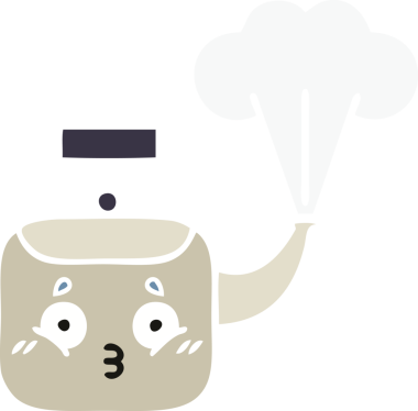 Bir insan tarafından çizilen dumanı tüten bir çaydanlığın düz renkli retro karikatürü