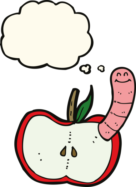 Bir insan tarafından çizilmiş düşünce baloncuğu solucanlı çizgi film elması
