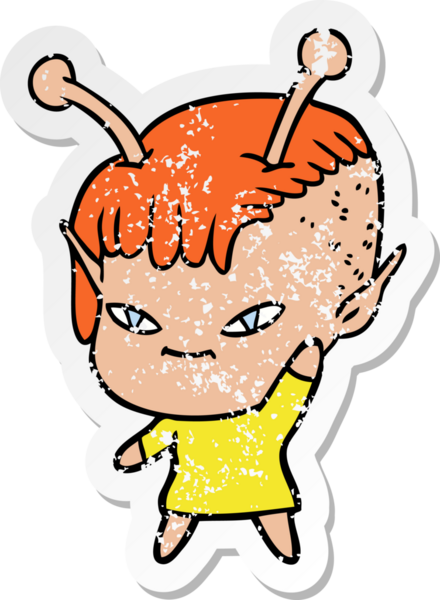 Bir insan tarafından çizilmiş sevimli uzaylı bir kızın sıkıntılı çıkartması.