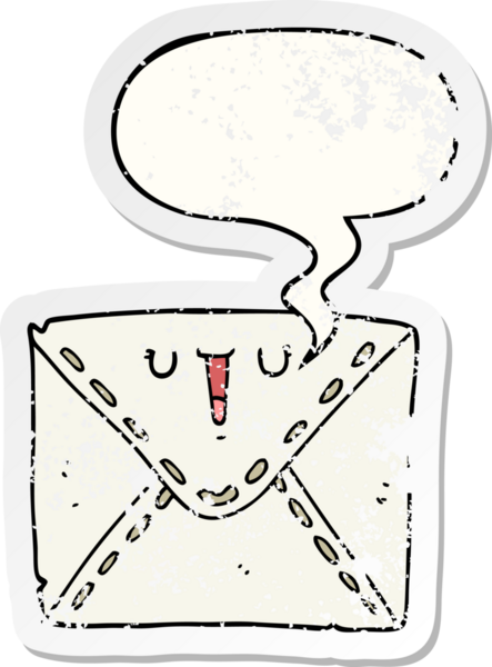 Konuşma baloncuğu olan karikatür zarfı bir insan tarafından çizilmiş sıkıntılı eski bir çıkartma