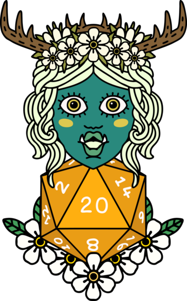 Retro Dövme Biçimi Yarı Ork Druid Bir insan tarafından çizilmiş 20 zar ile