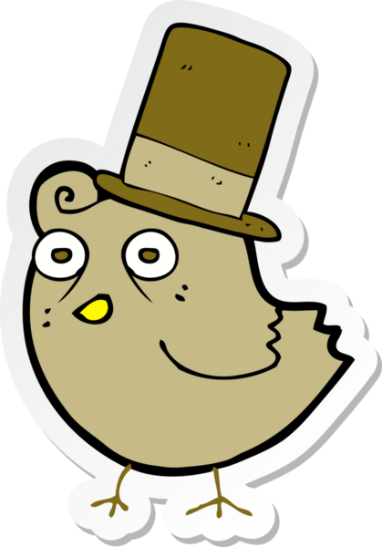 Bir insan tarafından çizilmiş şapka takan çizgi film kuşunun çıkartması.