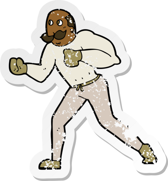 Bir insan tarafından çizilmiş retro boksör bir çizgi filmin gerilimli çıkartması.