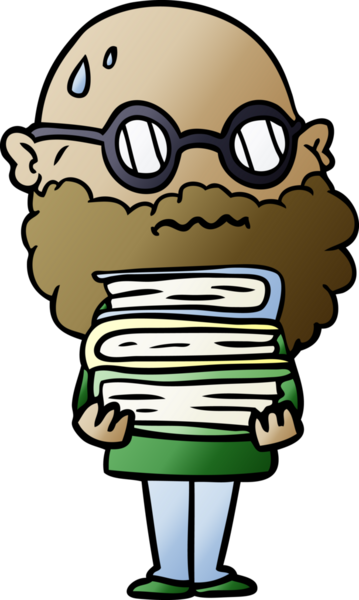 Bir insan tarafından çizilmiş sakallı ve yığınla kitabı olan endişeli bir adam.