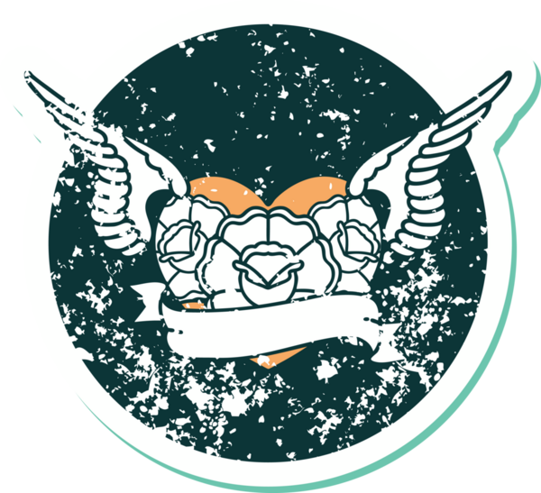 Bir insan tarafından çizilmiş çiçek ve pankartıyla uçan bir kalbin sembolik dövmeli resmi.