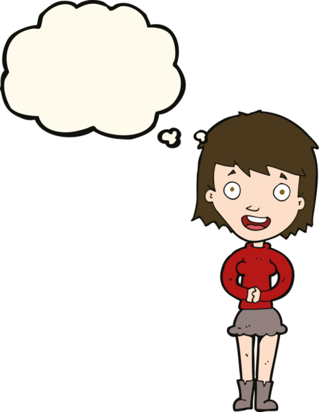 Bir insan tarafından çizilmiş düşünce baloncuğu olan heyecanlı bir kadın.