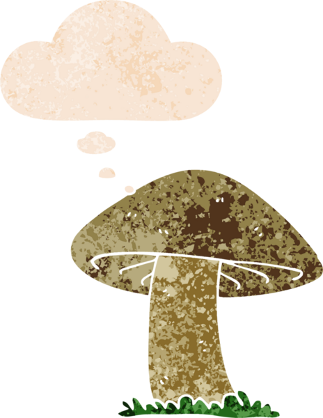 Düşünce baloncuklu çizgi film mantarı grunge sıkıntılı retro desen bir insan tarafından çizilmiş