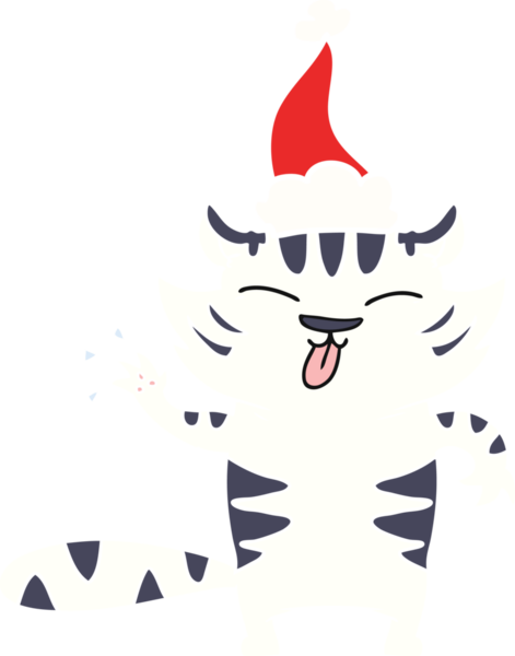 Bir insan tarafından çizilmiş Noel Baba şapkası takan beyaz bir kaplanın düz renkli çizimi.