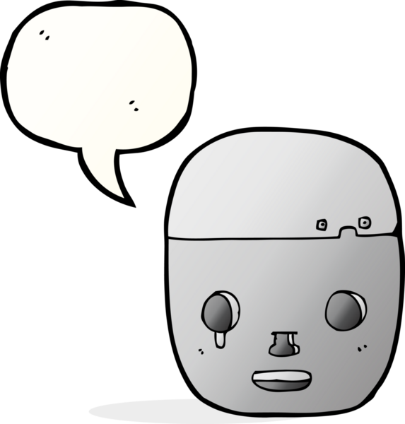bir insan tarafından çizilmiş konuşma balonlu robot kafası.