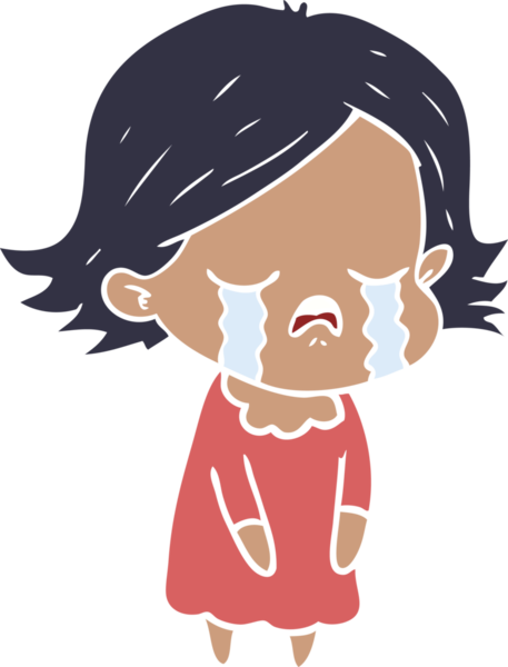 Bir insan tarafından çizilmiş düz renkli çizgi film kızı ağlıyor.