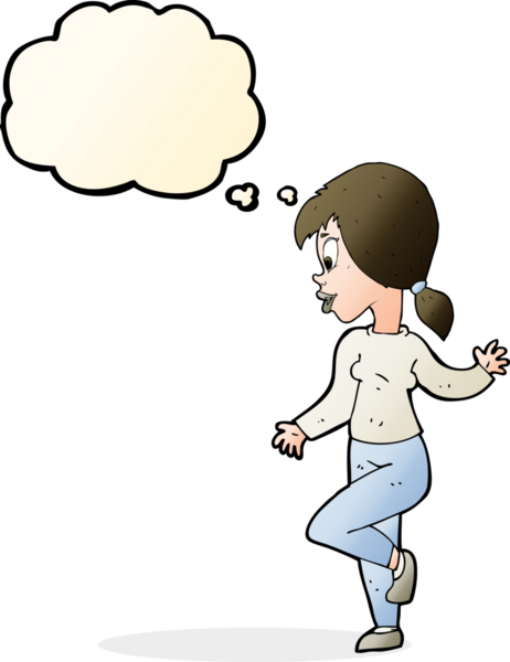 Bir insan tarafından çizilmiş düşünce baloncuğuyla el sallayan çizgi film kadını.