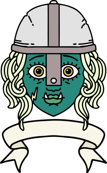 Retro Dövme Biçimli Ork savaşçı yüzü bir insan tarafından çizilmiş pankartıyla