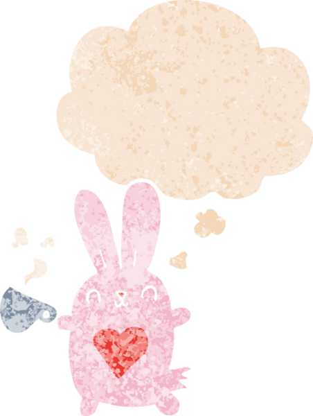 Sevgi dolu bir kalbi olan sevimli bir çizgi film tavşanı ve grunge 'da düşünce baloncuğu olan bir kahve fincanı bir insan tarafından çizilmiş desenli bir retro tarzı.