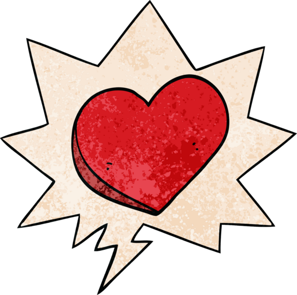 Bir insan tarafından çizilmiş eski dokuda konuşma baloncuğu olan karikatür aşk kalbi.