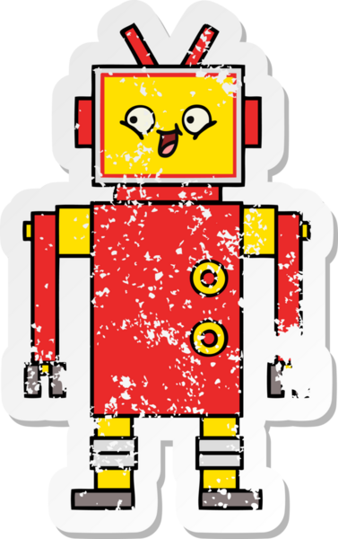 Bir insan tarafından çizilmiş sevimli bir robot çizgi film çıkartması.