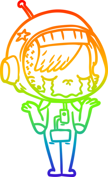 Gökkuşağı gradyan çizgi çizimi bir insan tarafından çizilmiş ağlayan astronot kız