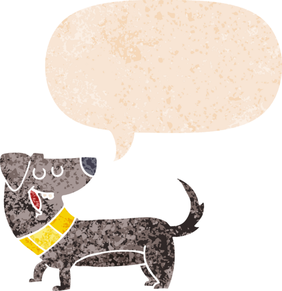 Bir insan tarafından çizilmiş grunge dertli retro tarzı konuşma baloncuğu ile çizgi film köpeği