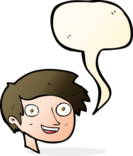 Bir insan tarafından çizilmiş konuşma balonlu mutlu çocuk yüzü.