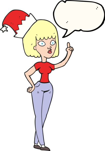 Bir insan tarafından çizilmiş Noel şapkası giyen serbest konuşma balonu karikatürü kadın.