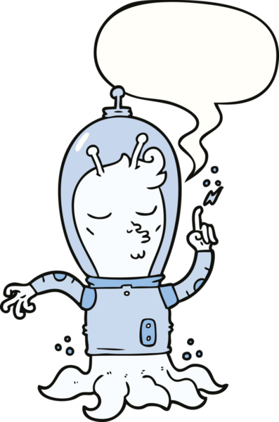 Bir insan tarafından çizilmiş konuşma balonu olan bir uzaylı çizgi filmi.