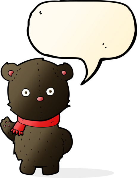 Bir insan tarafından çizilmiş konuşma balonlu siyah ayı yavrusunu sallayan çizgi film.