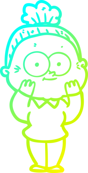 Bir insan tarafından çizilmiş, mutlu, yaşlı bir kadının çizimi.