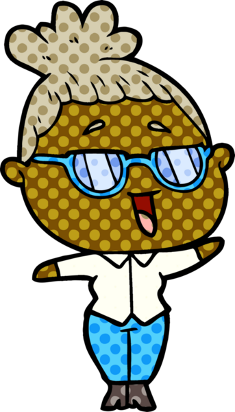 Bir insan tarafından çizilmiş gözlüklü mutlu kadın çizgi filmi.