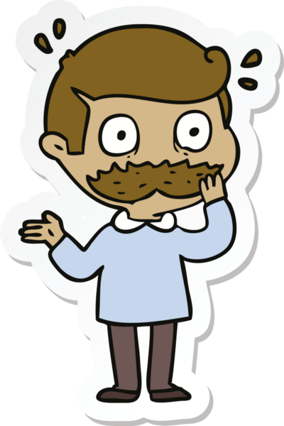 Bir insan tarafından çizilmiş bıyıklı bir karikatür adamın çıkartması.