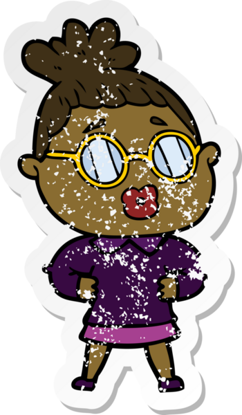 Bir insan tarafından çizilmiş gözlük takan karikatürlü bir kadının sıkıntılı çıkartması.