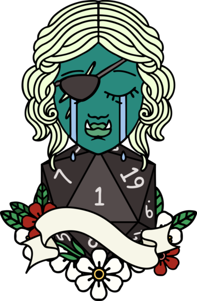 Retro Dövme Tarzı Ağlayan Ork karakter yüzü ve bir insan tarafından çizilmiş bir d20 zar.