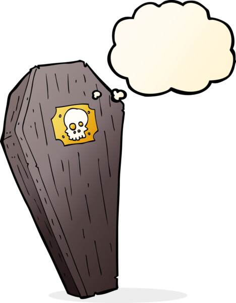 Bir insan tarafından çizilmiş düşünce baloncuklu ürkütücü karikatür tabut.