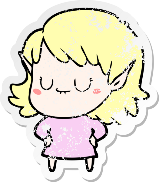 Bir insan tarafından çizilmiş mutlu bir elf kızının sıkıntılı çıkartması.