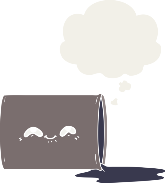 Düşünce baloncuğu olan karikatür yağı varili insan tarafından çizilmiş.